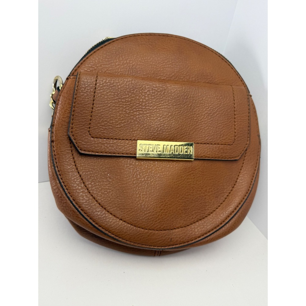 Steve Madden Cognac Brown Pebbled Faux Leather Round Circle Crossbody Bag Gold